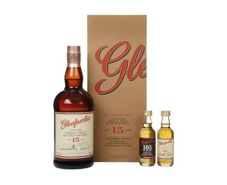 Glenfarclas 15 Year Old Single Malt Scotch Whisky (700mL) + Plus 105 and 25 Year Old Miniatures