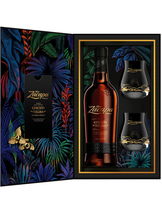 Zacapa Centenario Edicion Negra Sistema Solera Gran Reserva Rum + 2 Glasses Gift Pack (700mL)